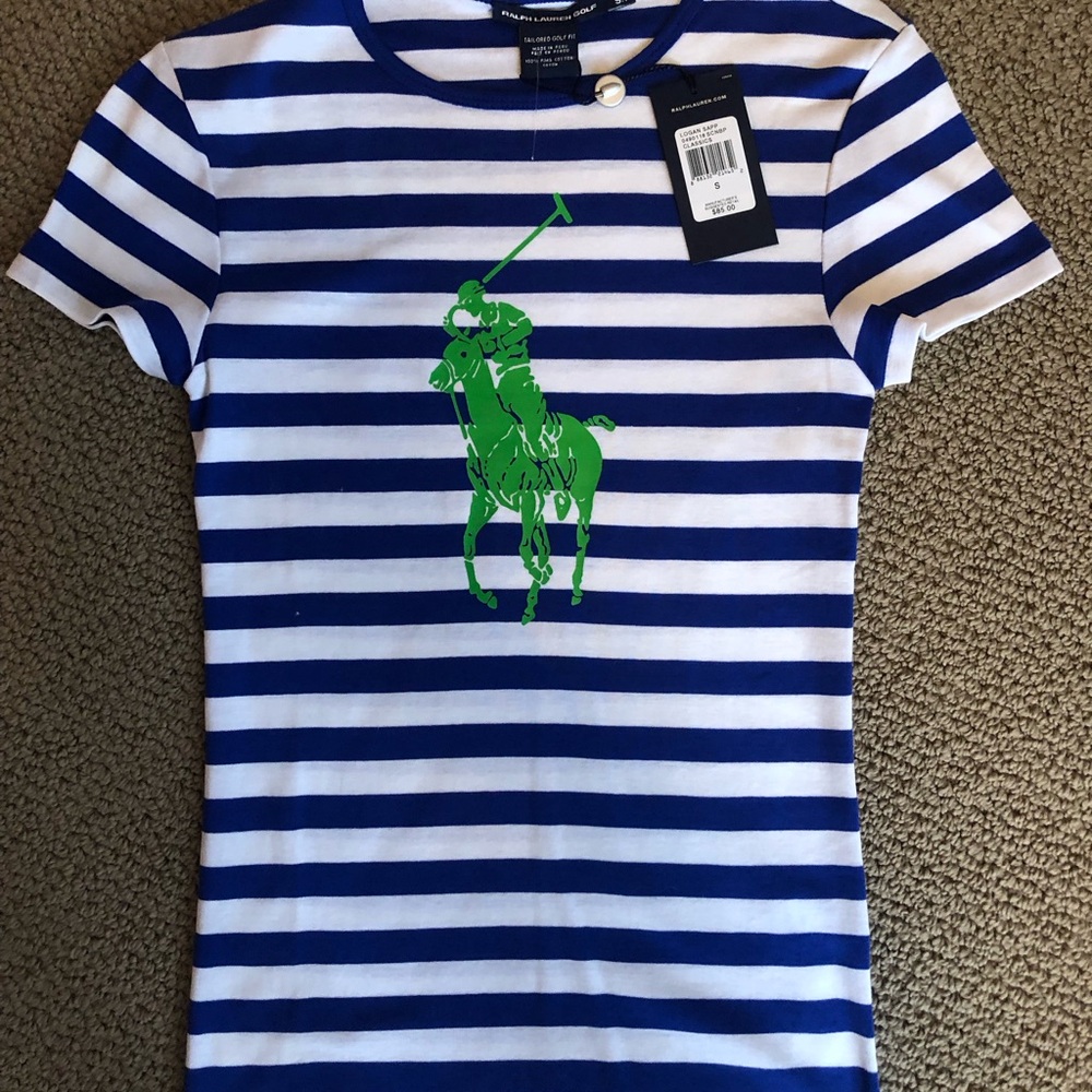 Ralph Lauren Golf tee, Blue striped tee with green polo graphic! Small